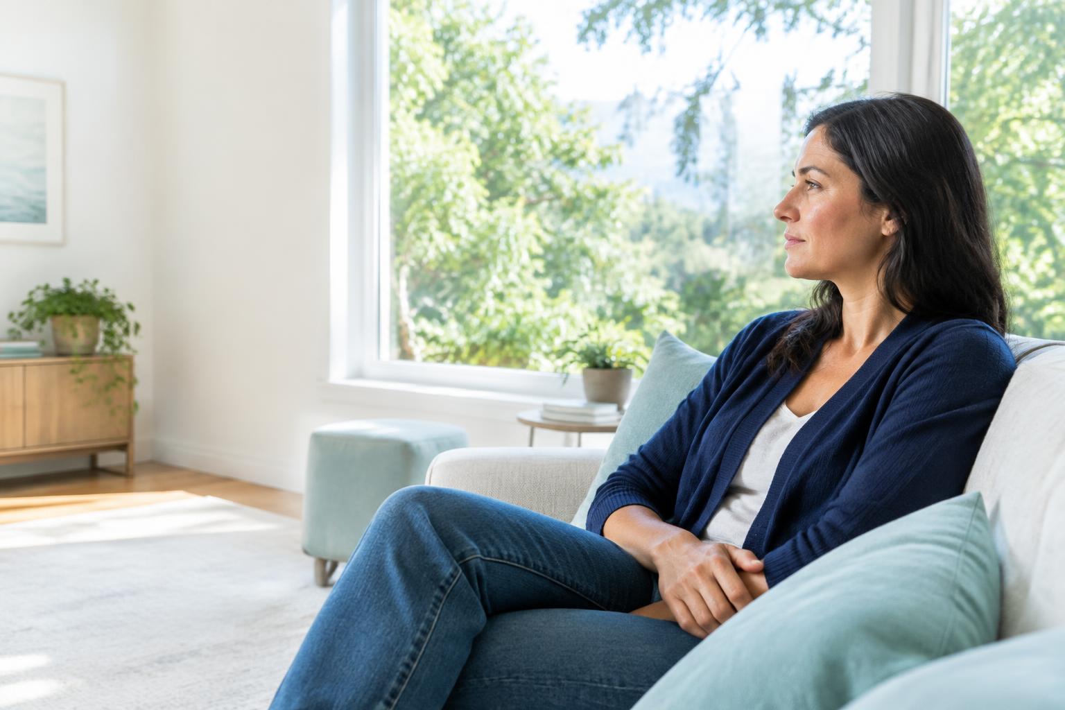 A woman seated beside a bright window, looking outside