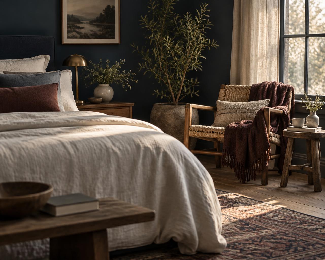 A calm bedroom in low morning sunlight, with a bed, an armchair, and a window