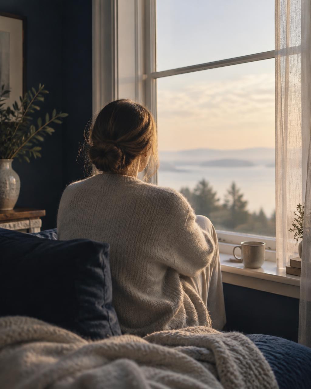 A person in a knit sweater sitting on a bed and looking out a window at a calm landscape