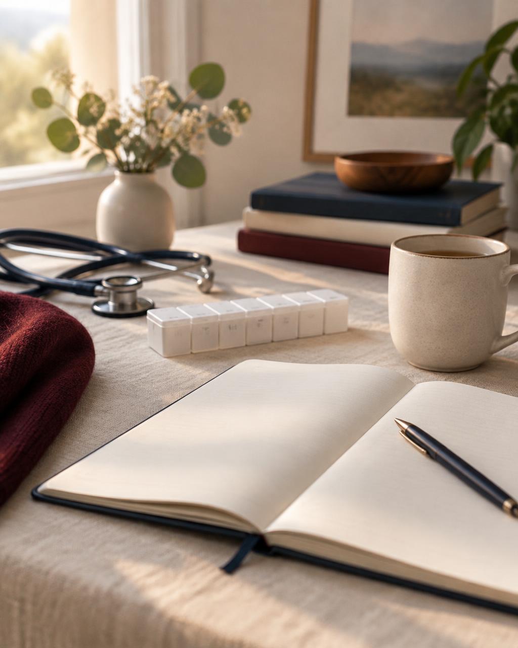 A notebook, pen, and simple pill organizer resting on a desk in soft daylight