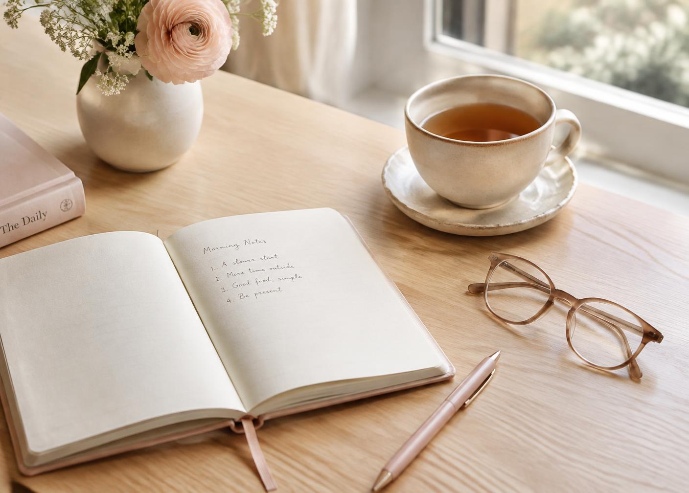 A notebook and pen resting on a calm desk
