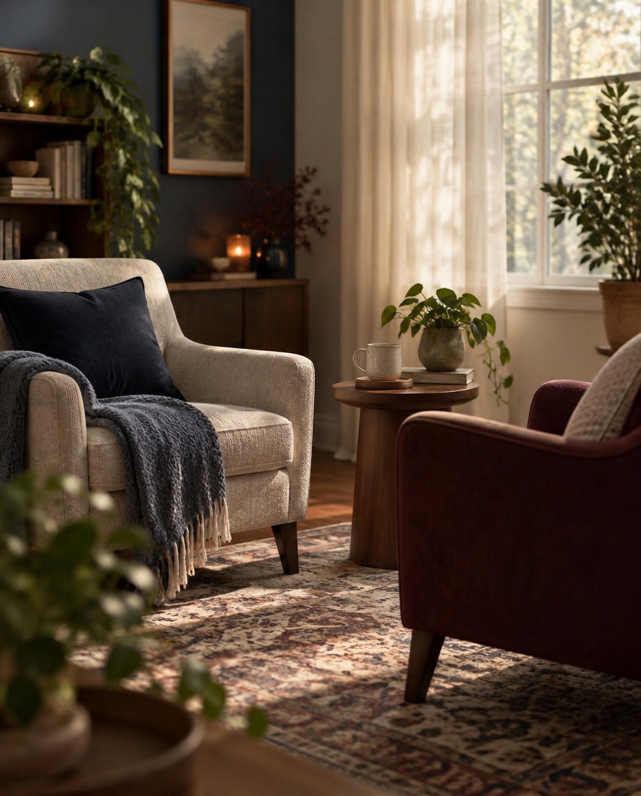 Two armchairs facing one another in a calm therapy room lit by soft daylight