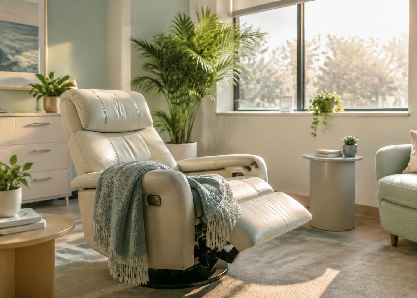 A calm treatment lounge with a reclining chair