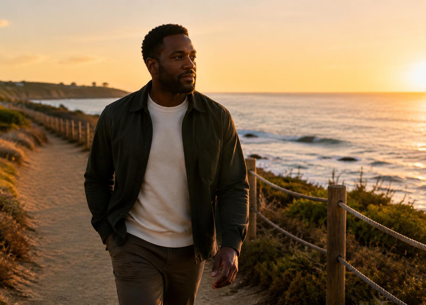 A man walking along a coastal path at sunset